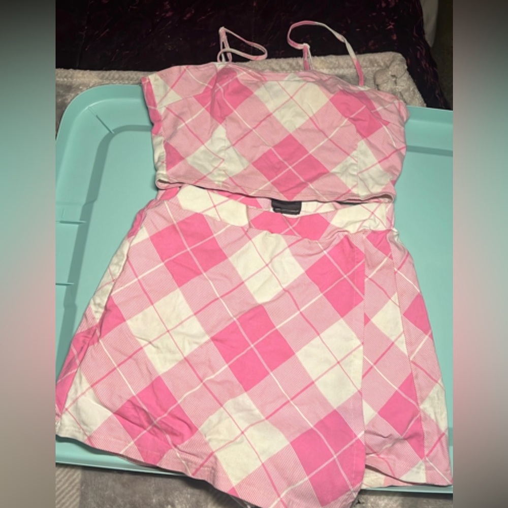 Two piece pink checkered skort set